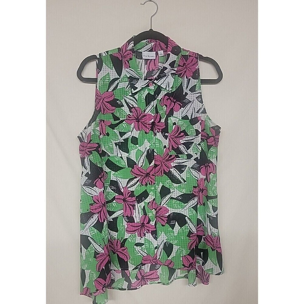 Kim Rogers Large Colorful Tropical Cotton Collared Sleeveless Button Up Top